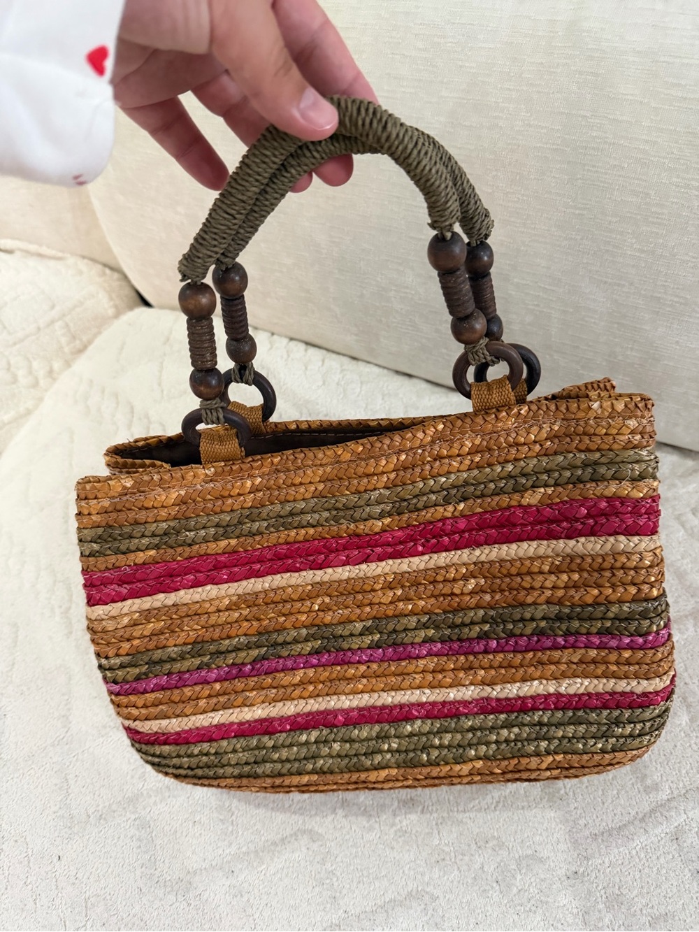 croft & barrow Woven Straw Tote in Natural, Olive & Pink